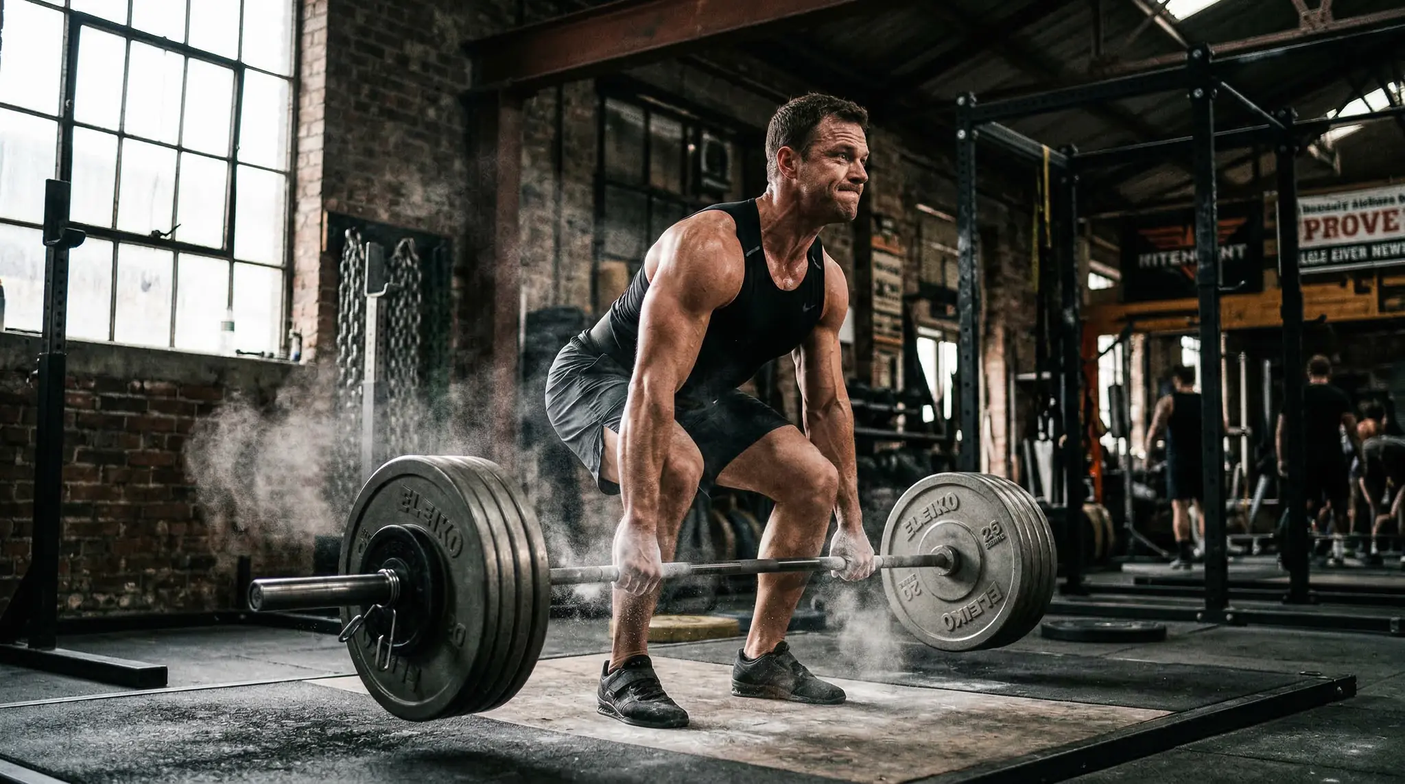 Man performing deadlift in industrial gym with chalk dust