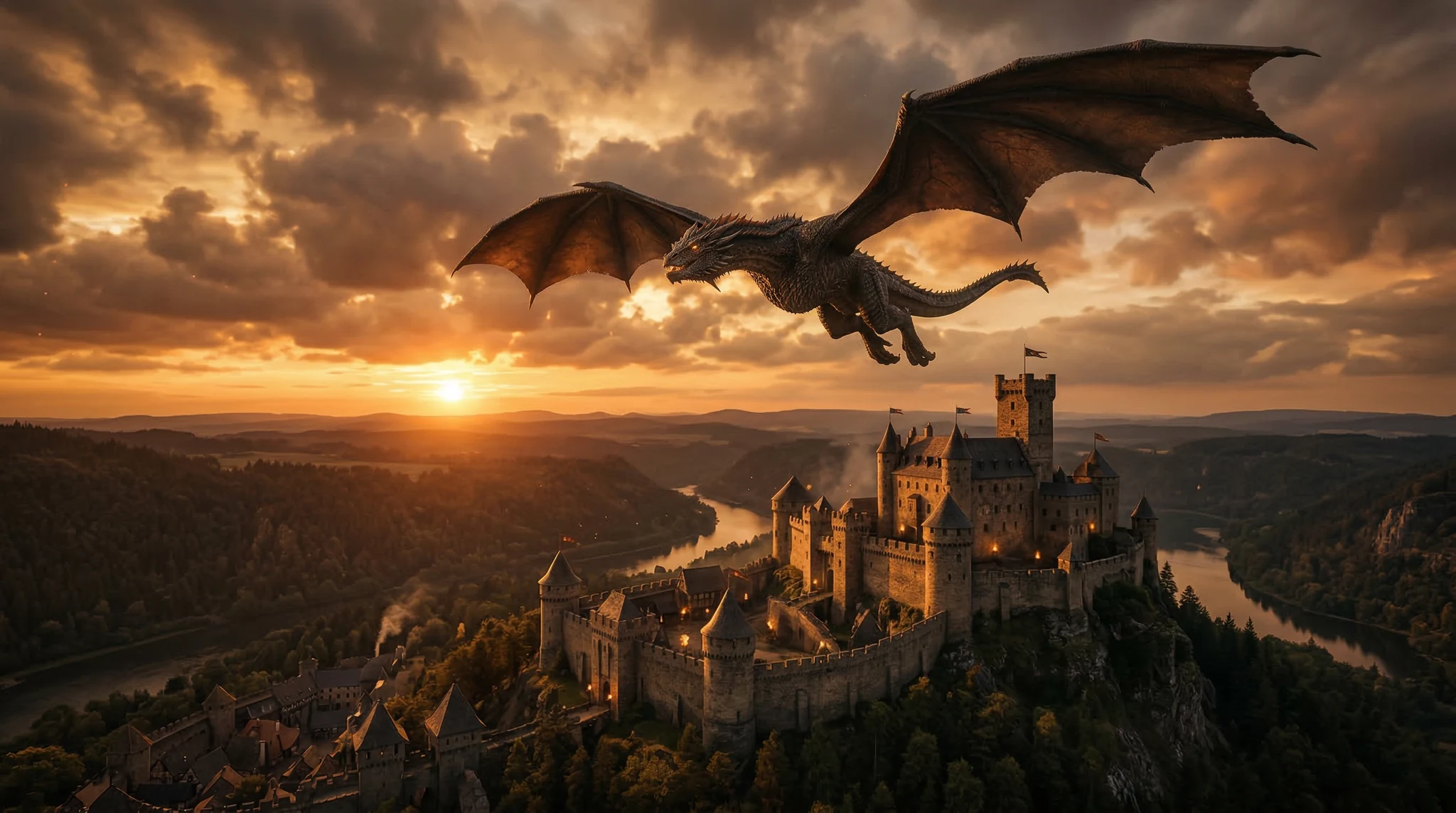 sora prompts - AI generated dragon soaring over medieval castle at sunset