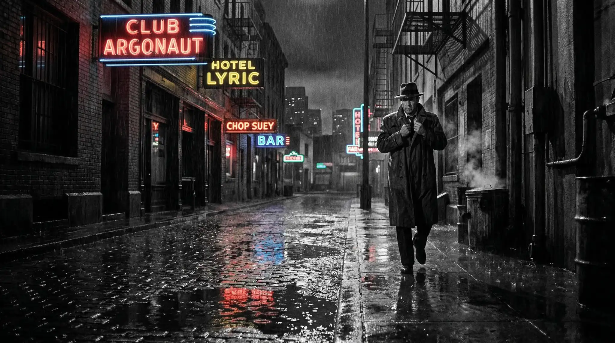 cinematic sora prompts - Film noir detective walking in rain-soaked 1940s alley
