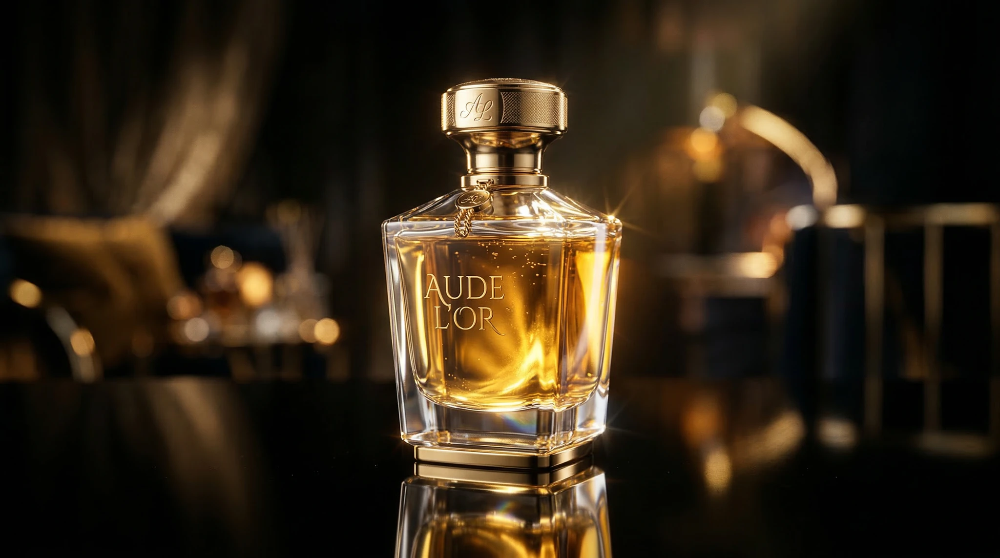 Premium perfume bottle on reflective surface with dramatic lighting