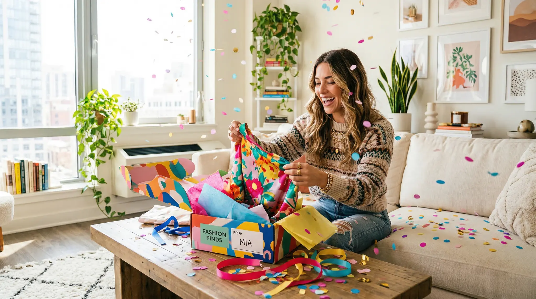 sora social media prompts - Influencer unboxing colorful fashion package with confetti