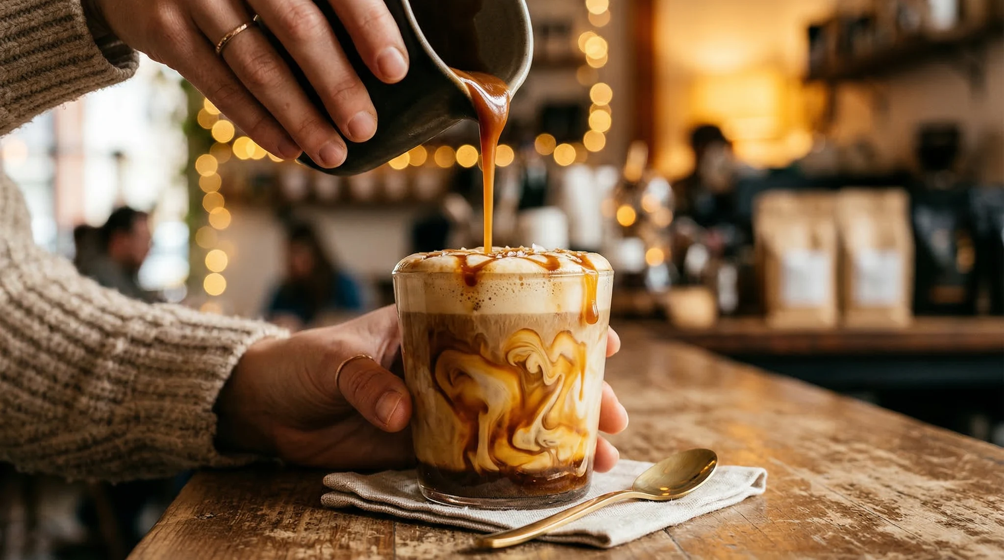 Artisan coffee being poured in slow motion with caramel swirls