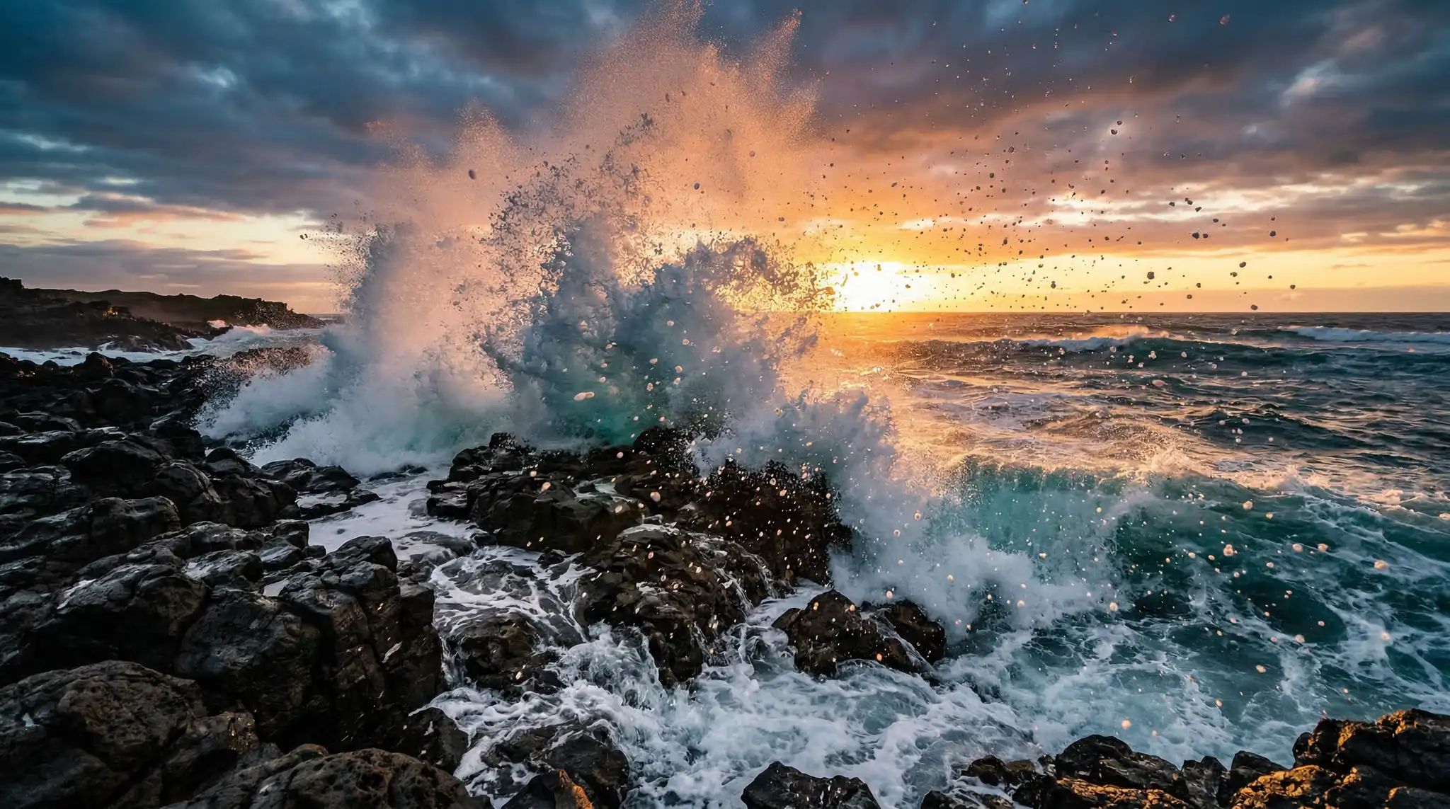 Realistic ocean wave crashing on rocky coastline at sunset
