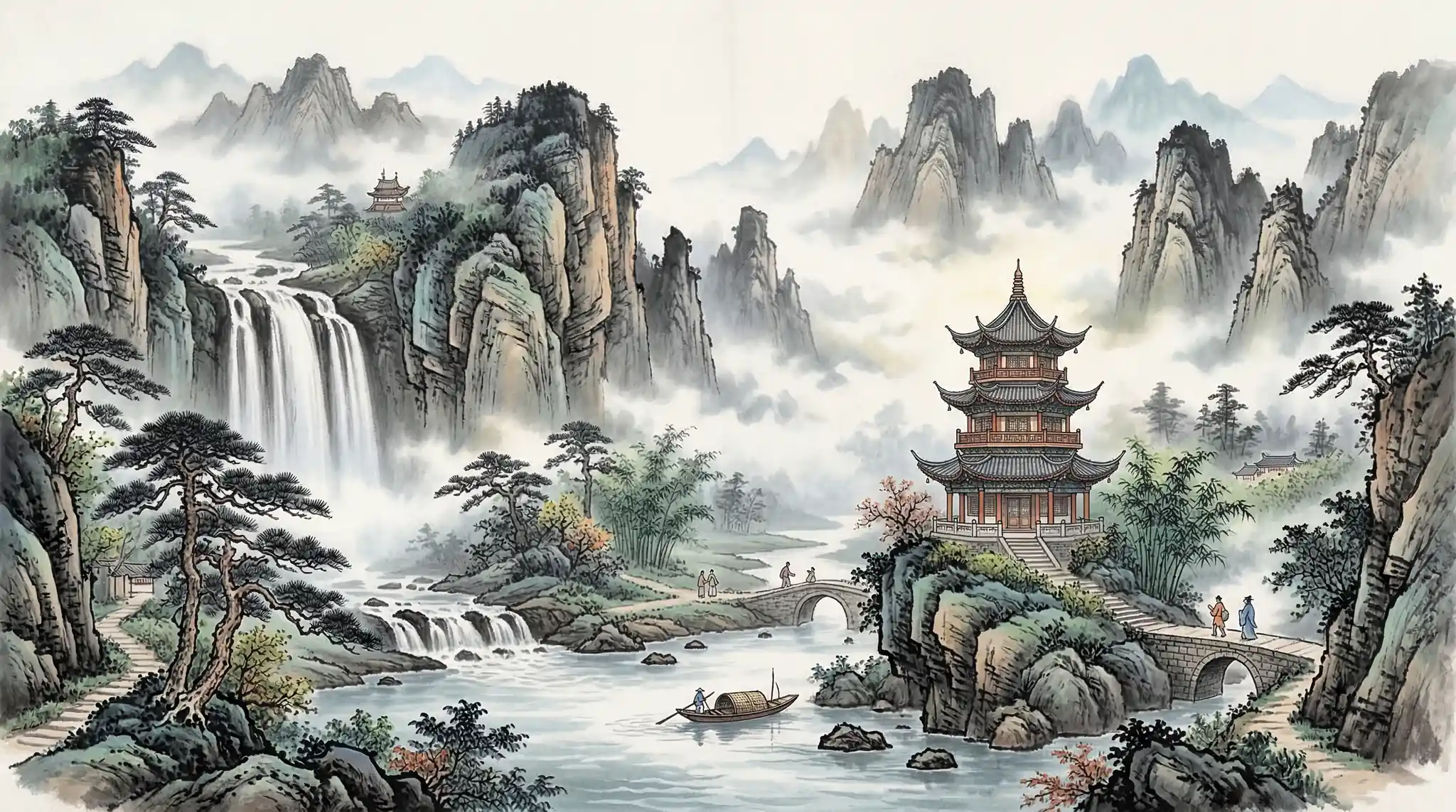 wan video prompts - Traditional Chinese landscape with misty mountains and pagoda