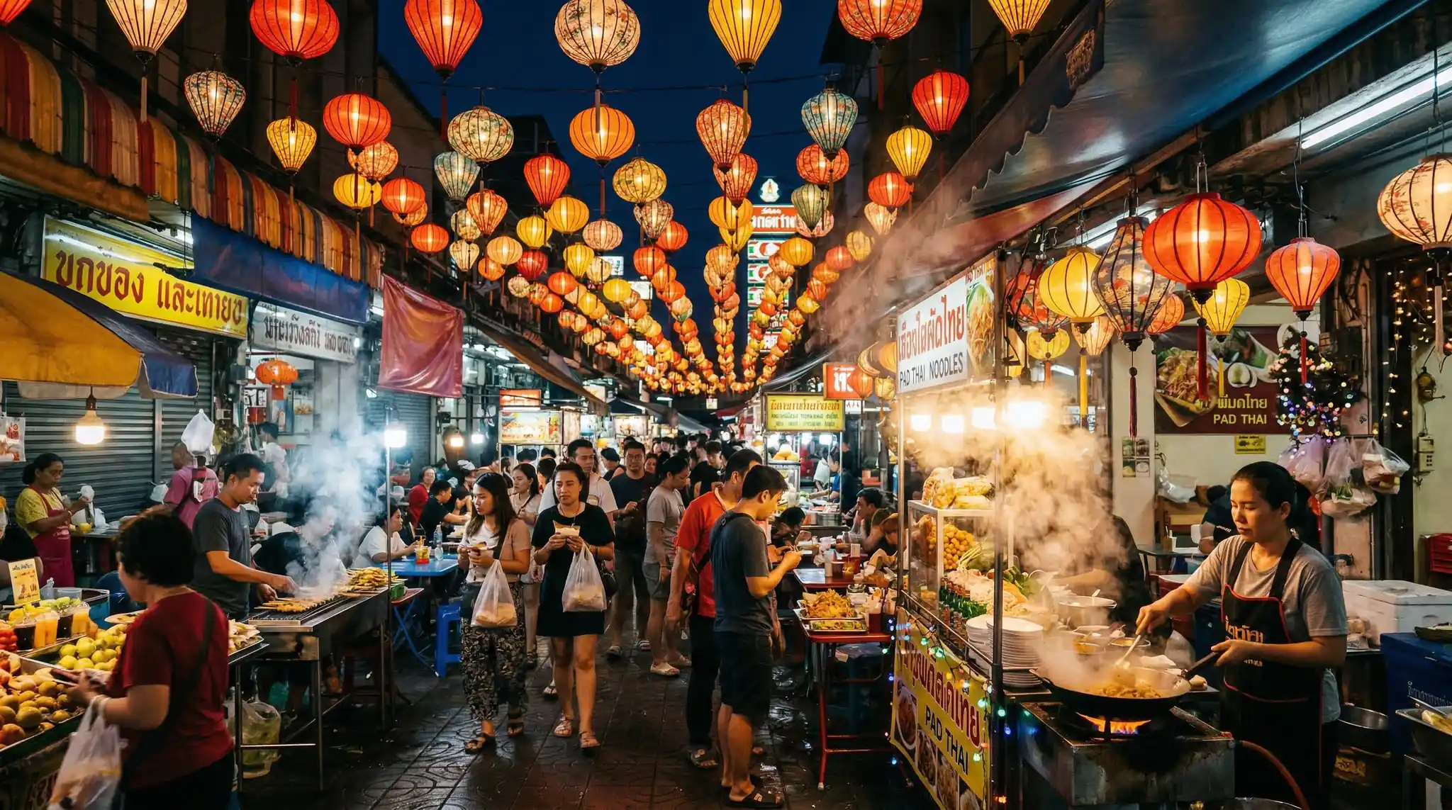 Vibrant Southeast Asian street market at night with lanterns