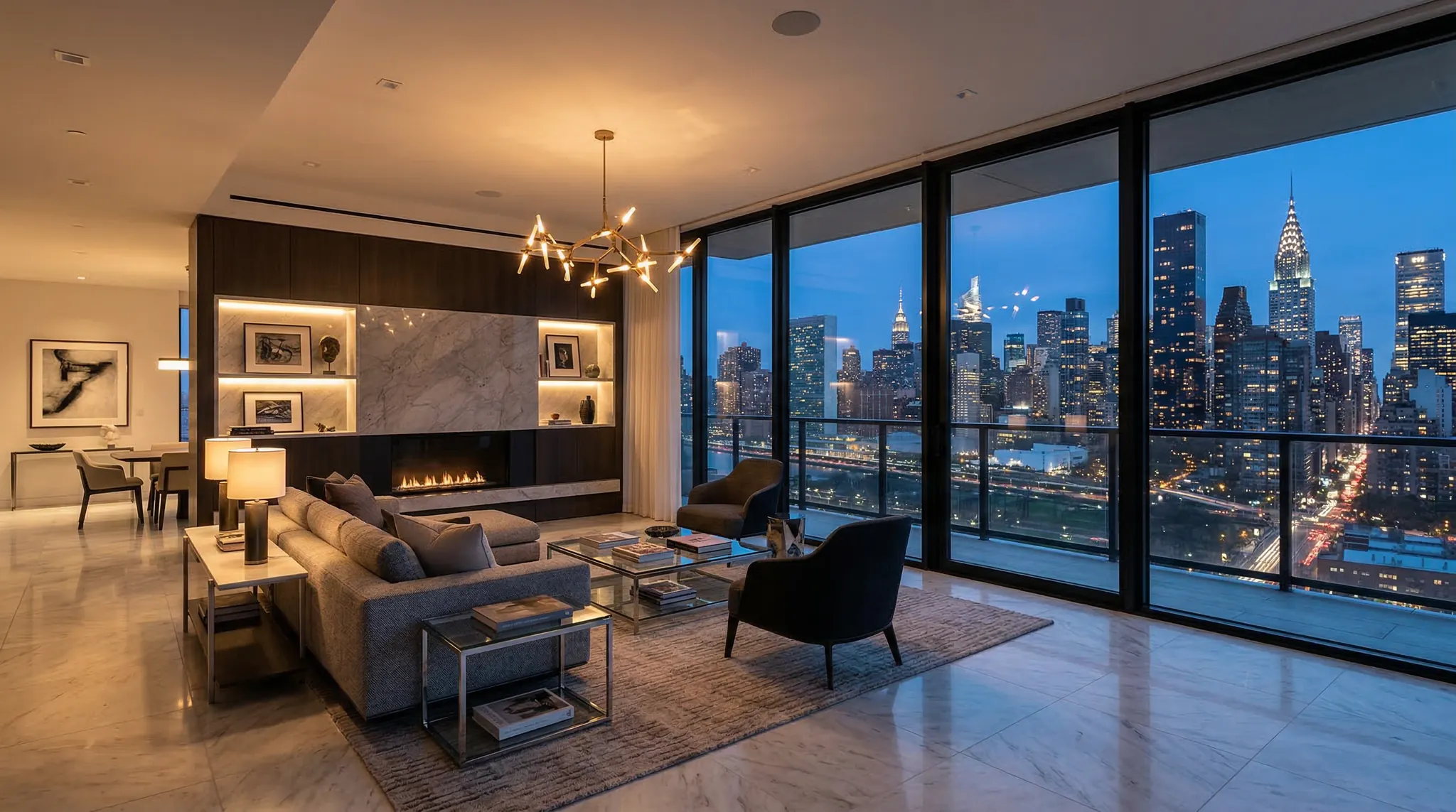 AI real estate video prompts - Luxurious modern living room with city skyline view at dusk