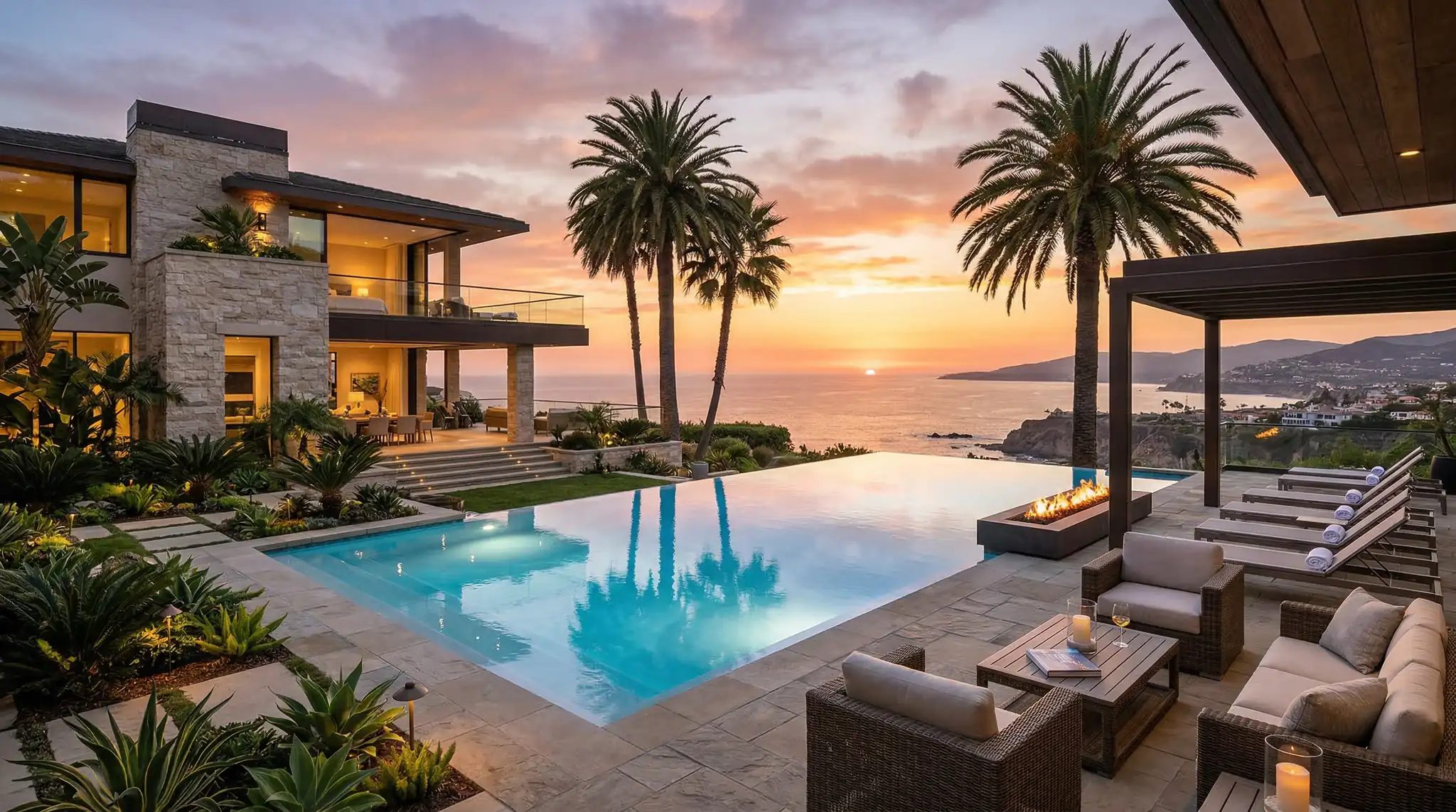 Luxury mansion backyard with infinity pool overlooking ocean