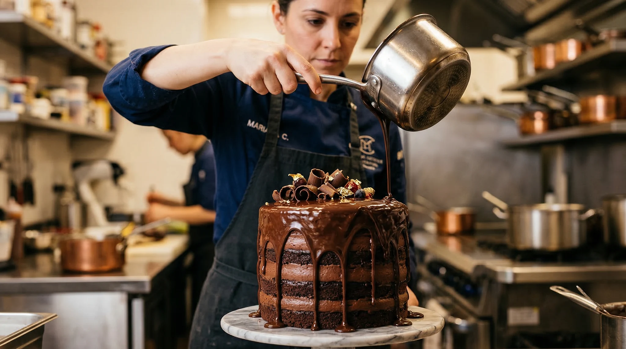 food video prompts AI - Chef pouring melted chocolate over layered cake in slow motion