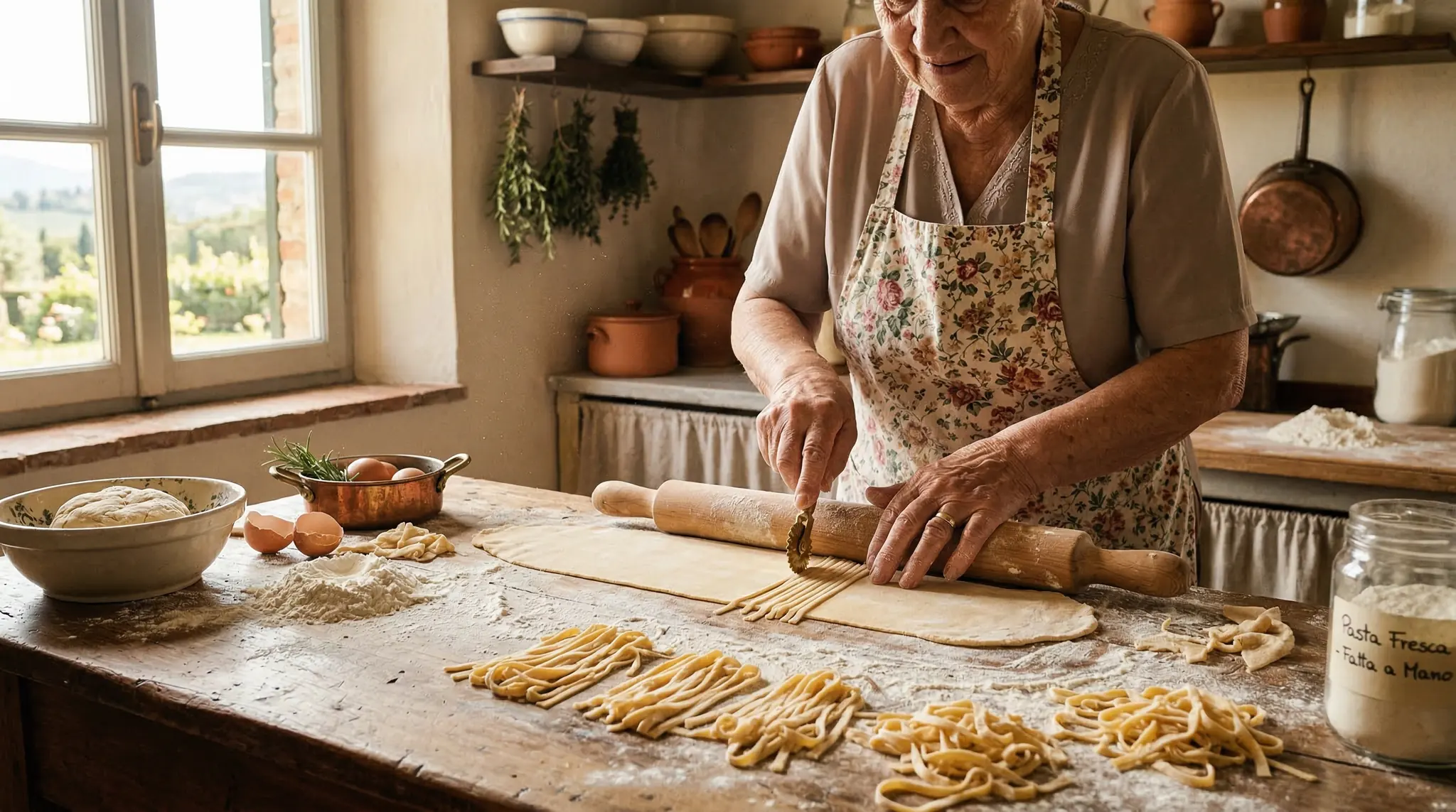Fresh pasta being hand-rolled on rustic wooden kitchen counter