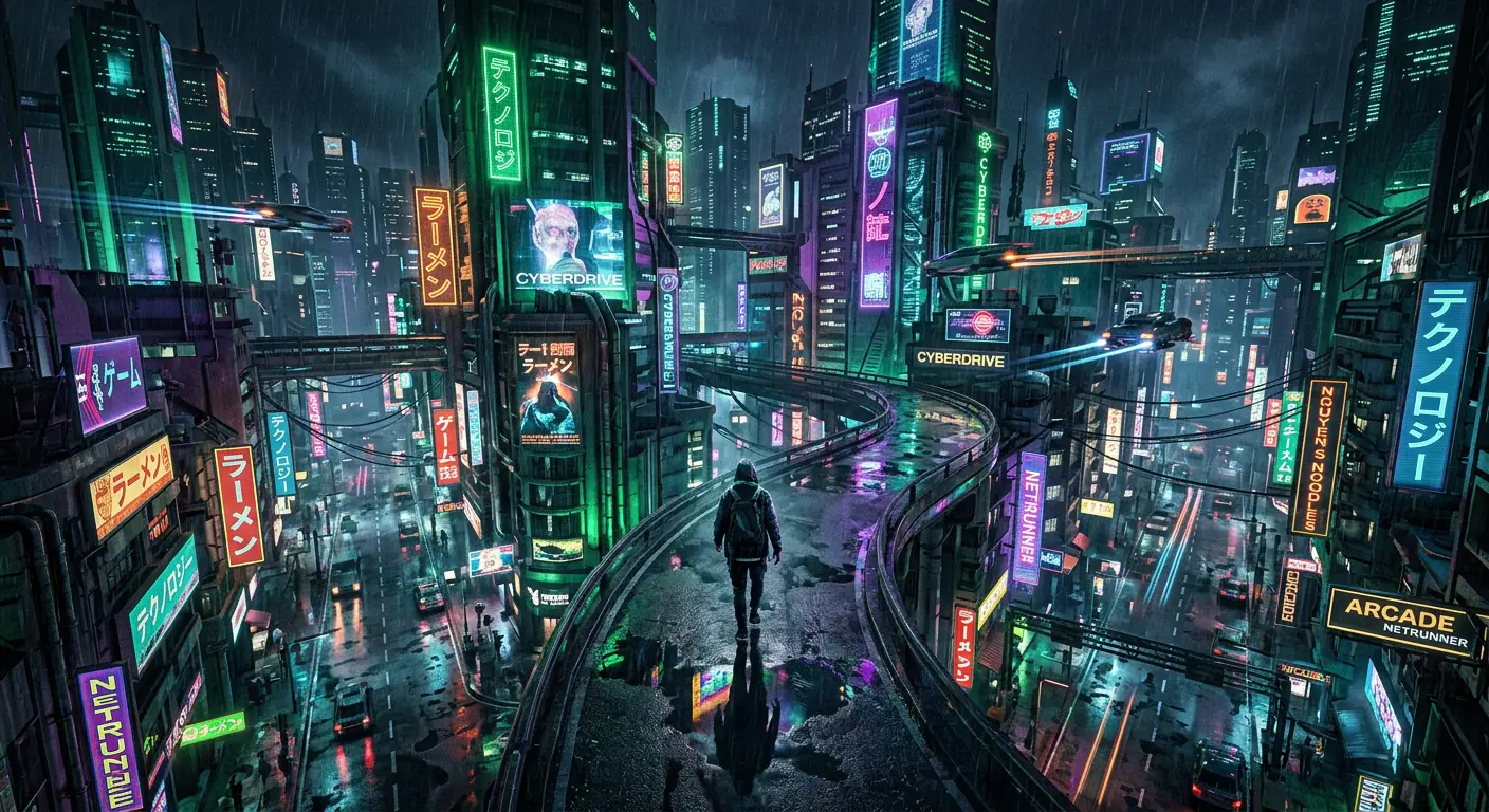 AI generated cinematic cyberpunk city scene from Sora 2 video prompt