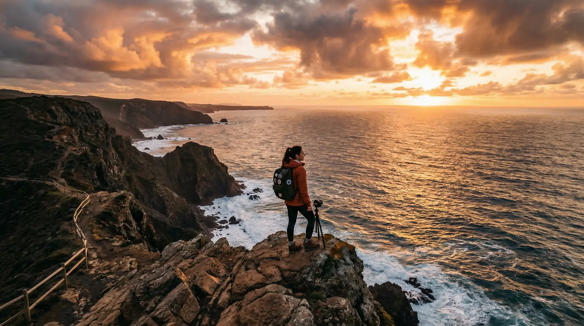 Solo traveler on cliff overlooking ocean at golden hour, cinematic travel vlog style