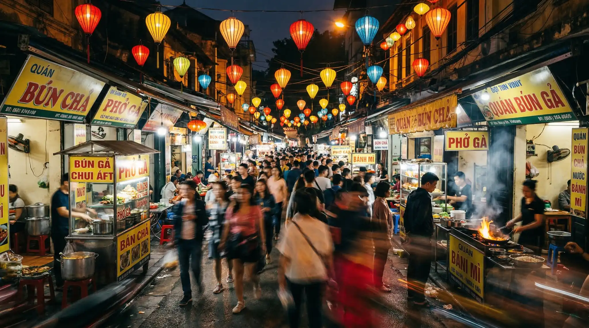 Bustling Southeast Asian night market with colorful lanterns, travel video still