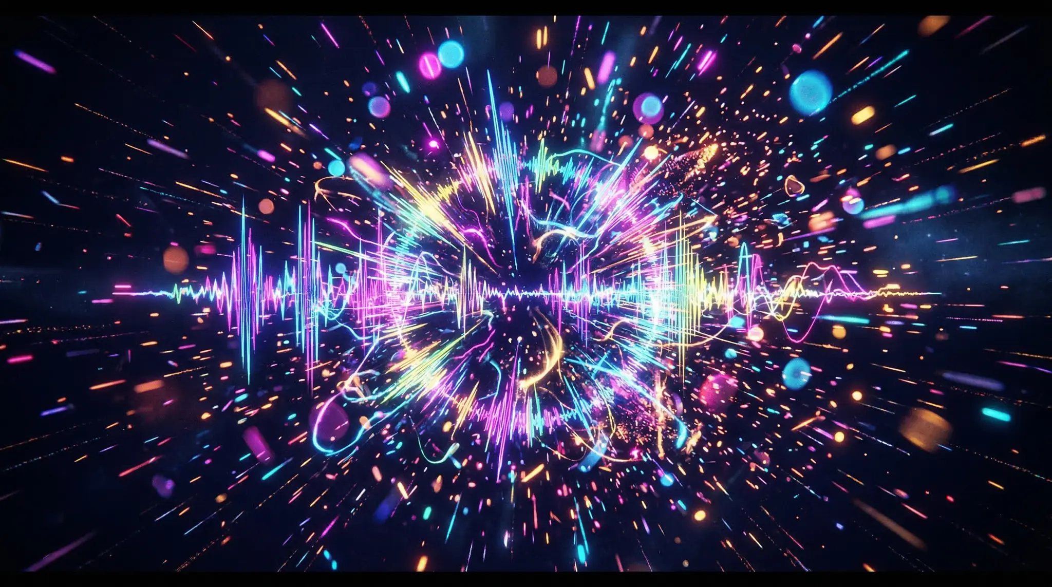 Colorful audio waveforms reacting to beat with neon particle explosion, AI music visualizer