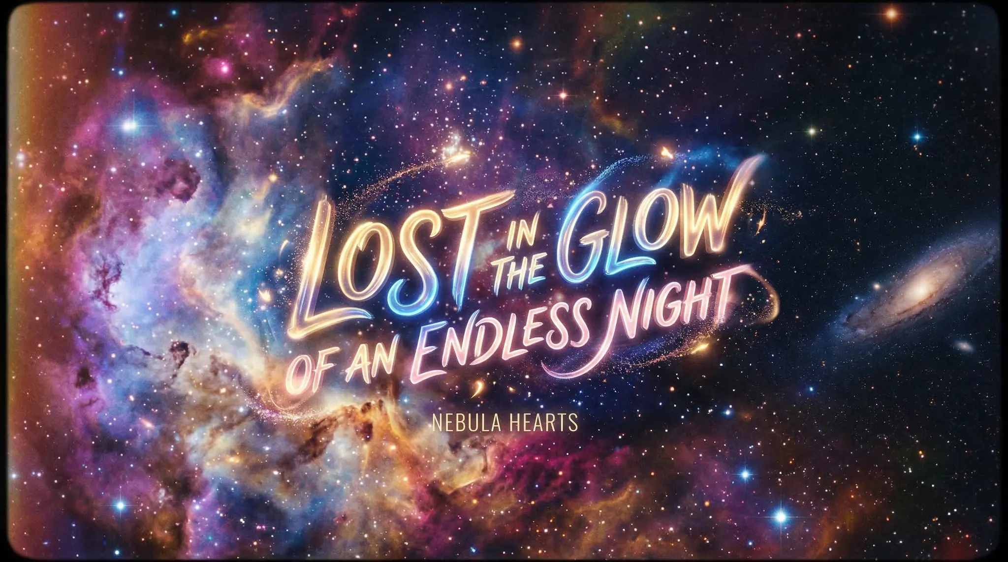 Glowing text floating in cosmic space with stars and nebula, kinetic typography lyric video