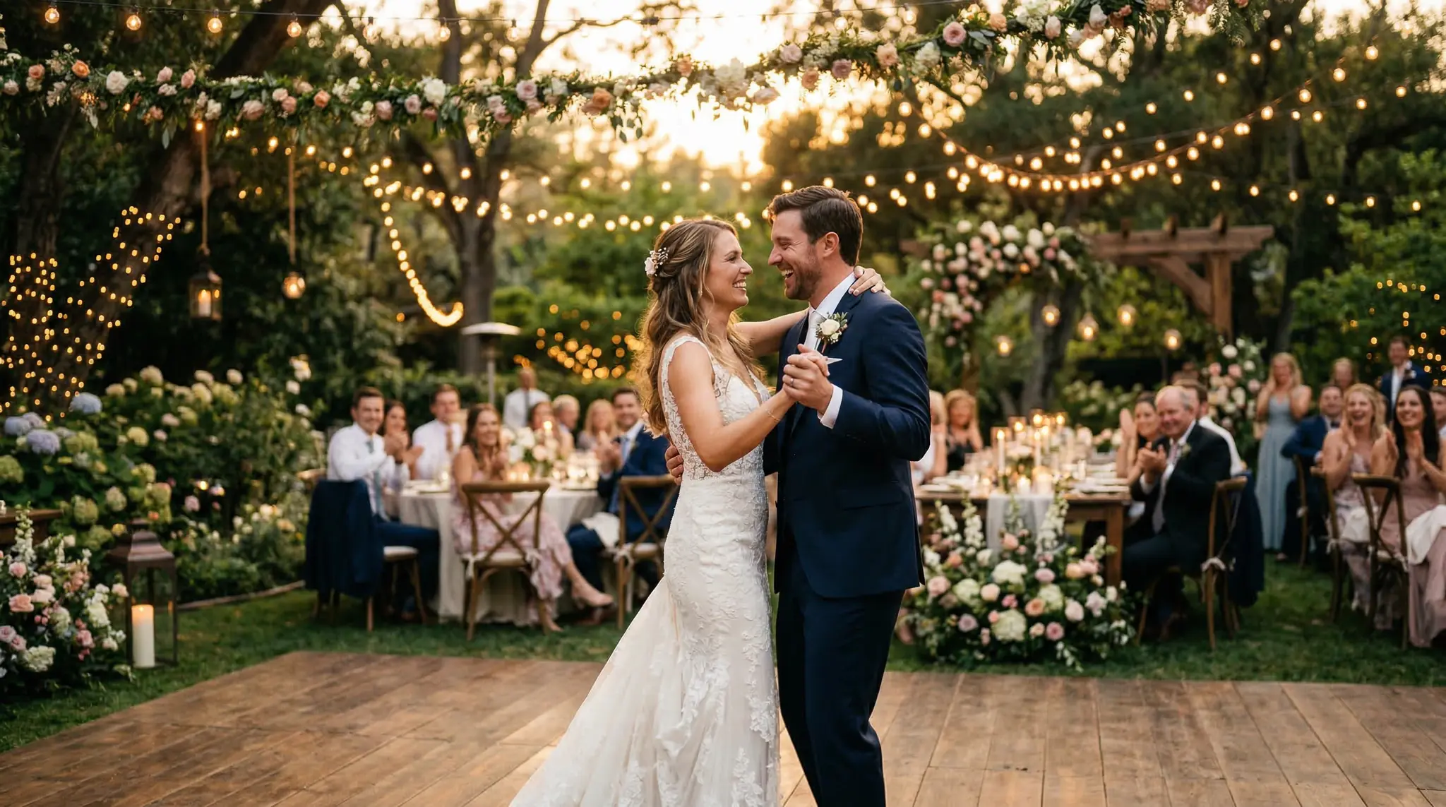 Bride and groom first dance under string lights in outdoor garden venue