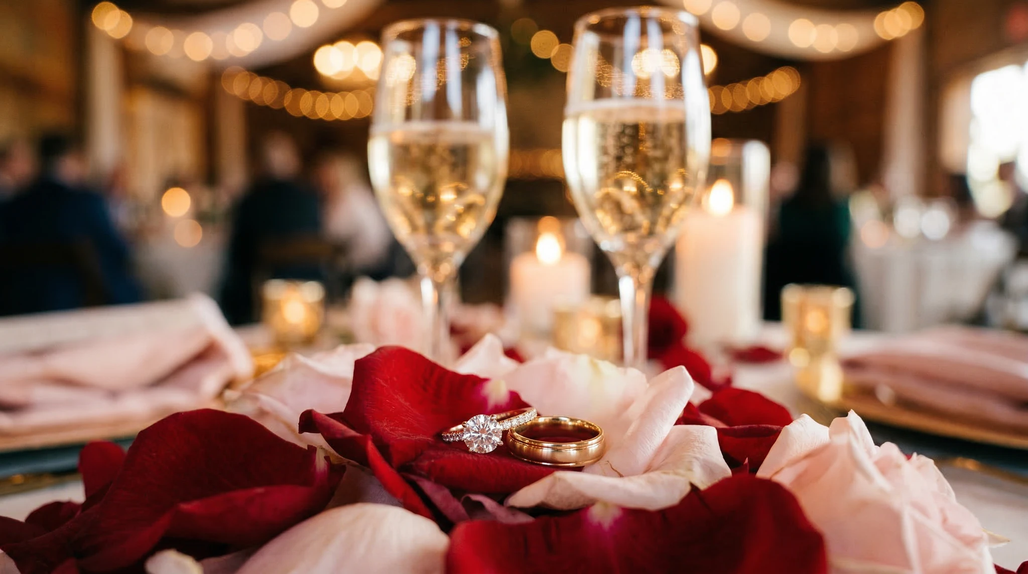 Wedding rings on rose petals with champagne glasses, romantic warm tones