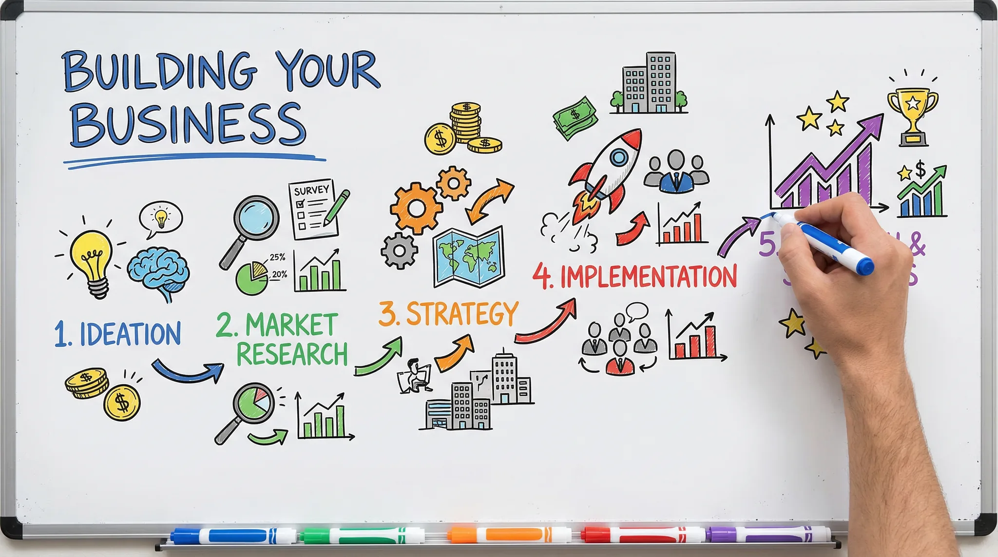 Whiteboard animation with hand drawing business concepts, educational explainer style