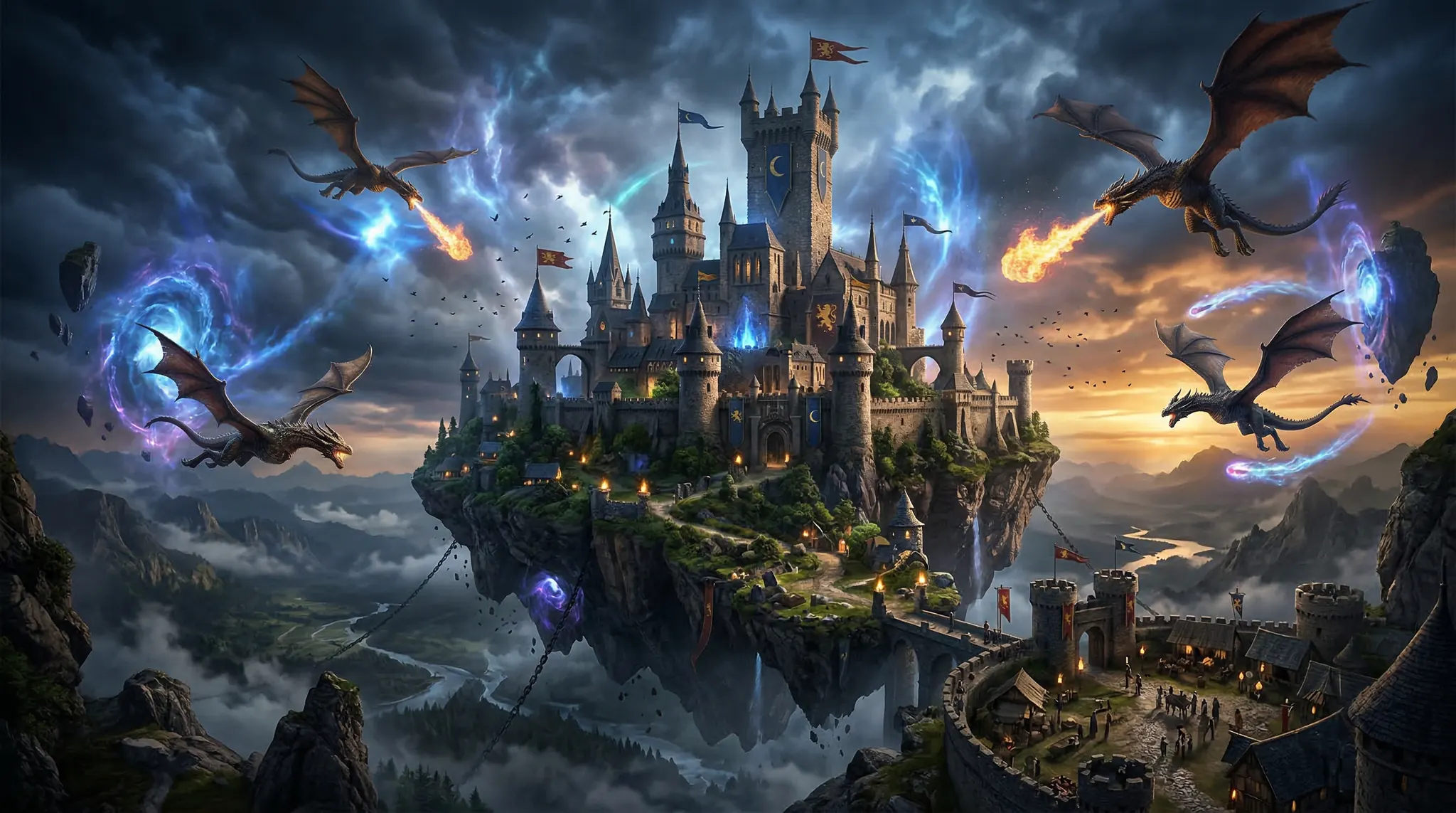 Medieval castle on floating island with dragons, epic fantasy RPG game cinematic