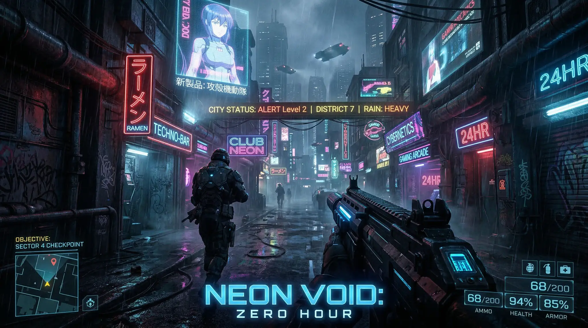 Neon-lit cyberpunk city corridor with holographic displays, sci-fi FPS game intro