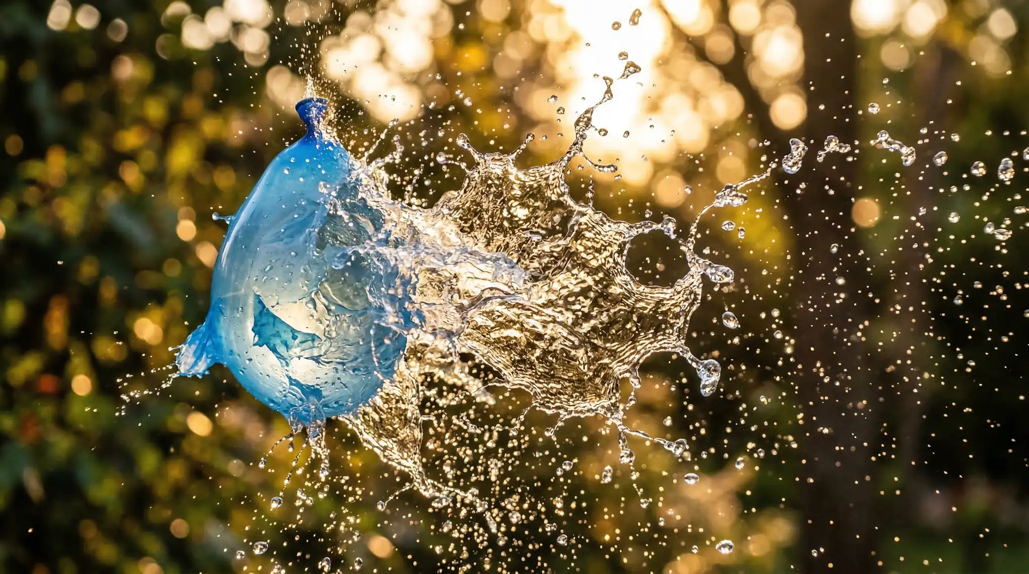 Slow Motion AI Video Prompts That Look Real 4 Ultra slow motion water balloon bursting with suspended water shapes, golden backlight