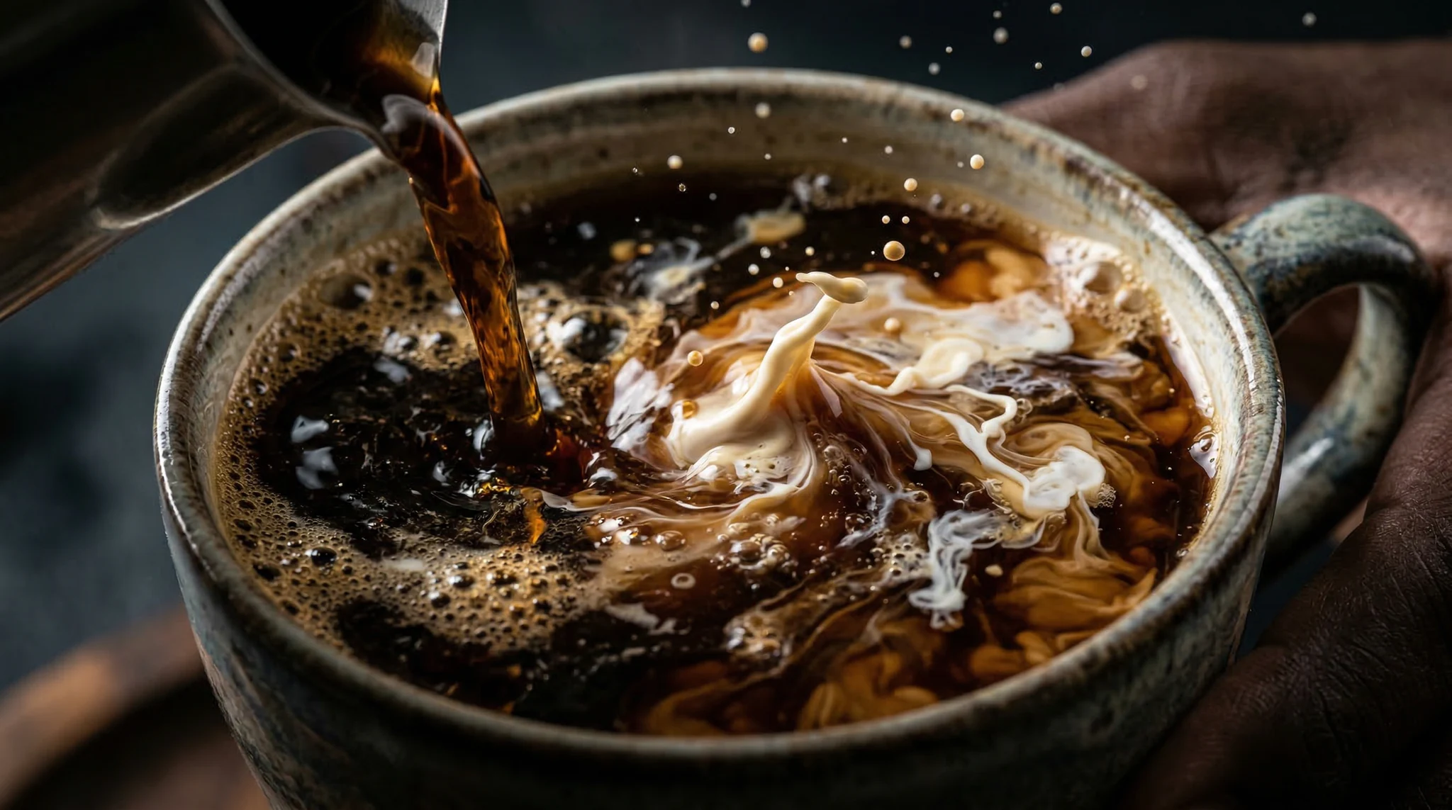 Slow Motion AI Video Prompts That Look Real 5 Extreme slow motion coffee pour with cream swirling patterns, studio lighting
