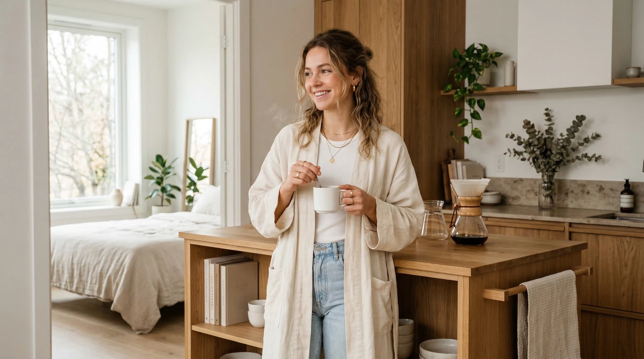 Lifestyle influencer morning routine in minimalist apartment, Instagram Reel style
