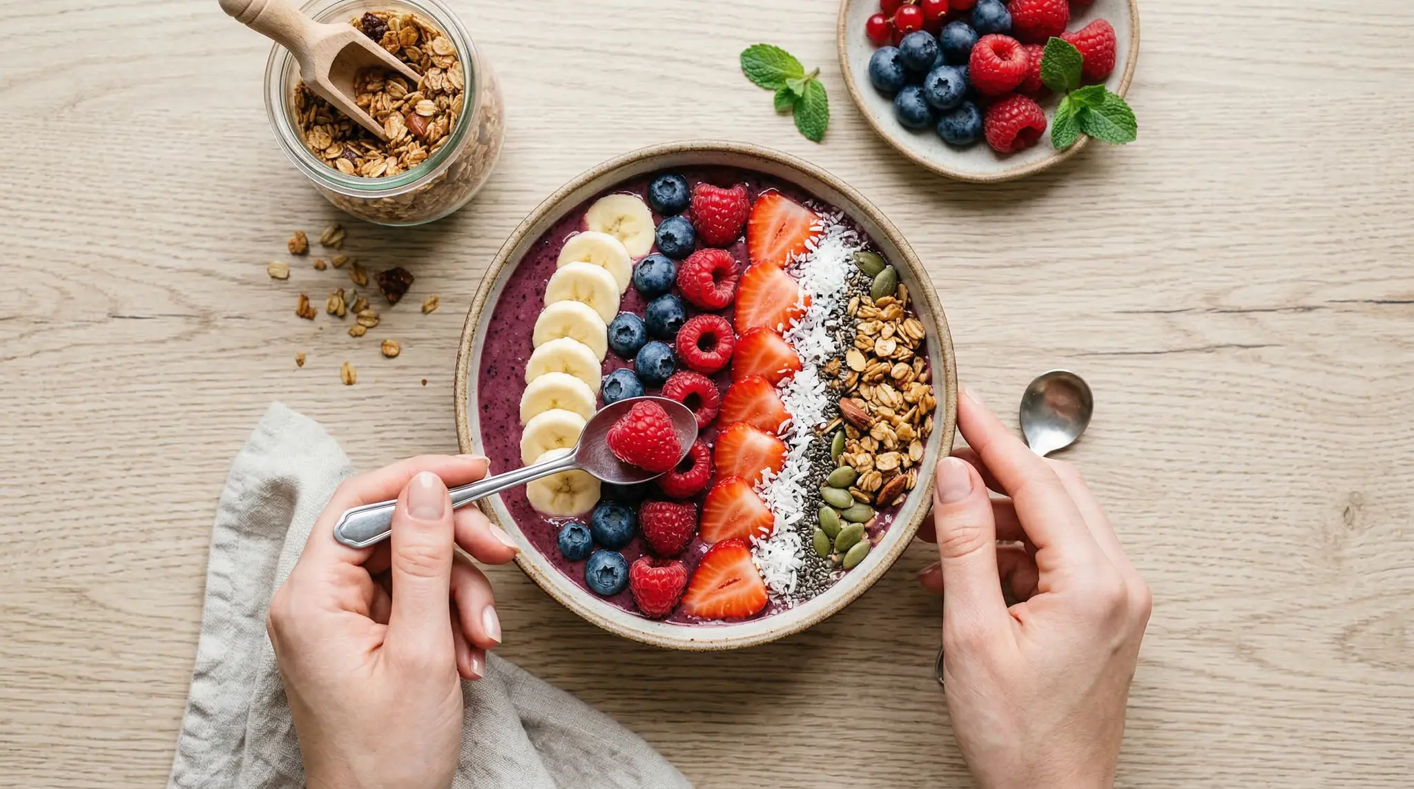 Colorful smoothie bowl being decorated with berries and granola, ASMR food Reel style