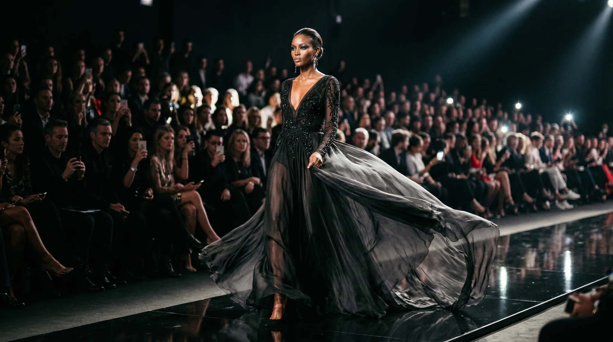 AI Video Prompts for Fashion & Clothing Brands 4 Model walking in elegant dress on fashion runway with dramatic spotlights