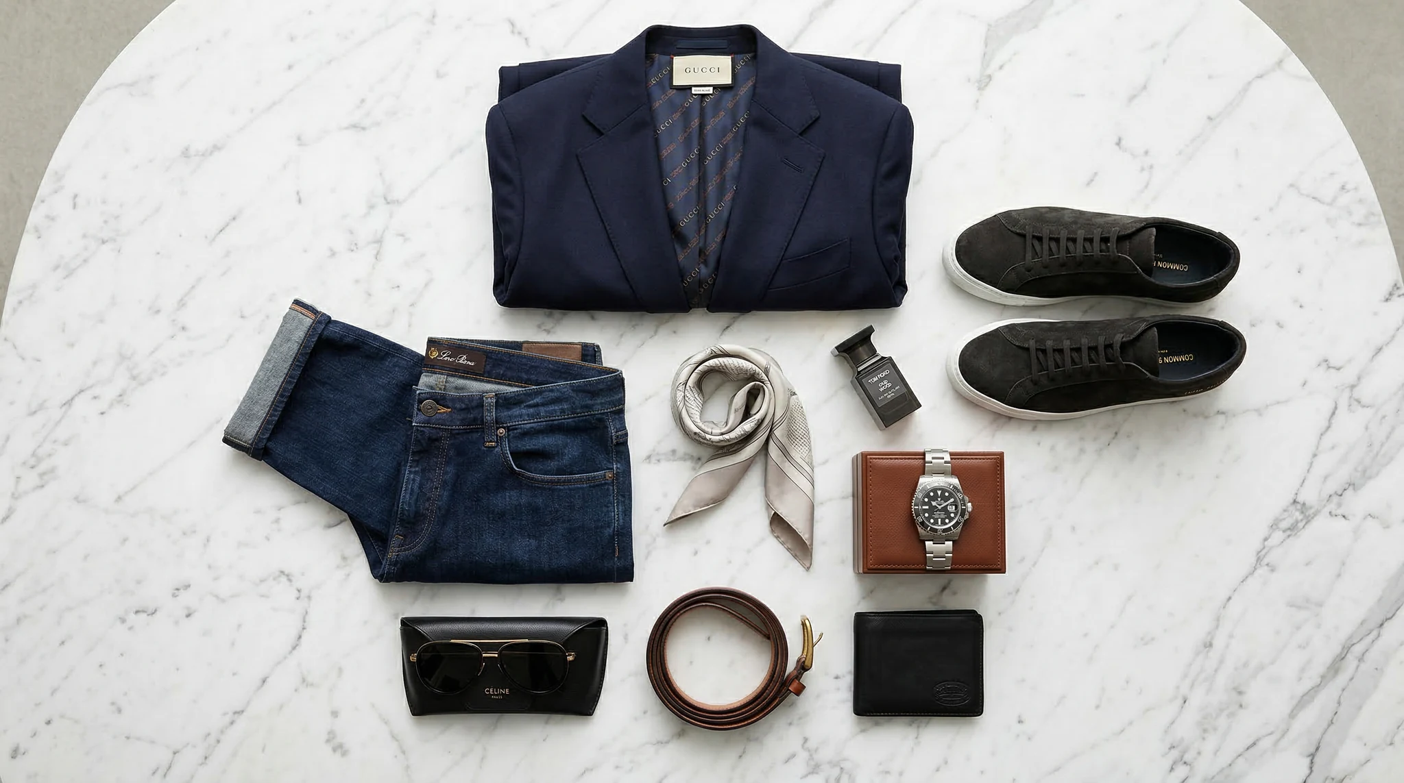 AI Video Prompts for Fashion & Clothing Brands 5 Flat lay of designer clothing with accessories on marble surface, luxury brand style