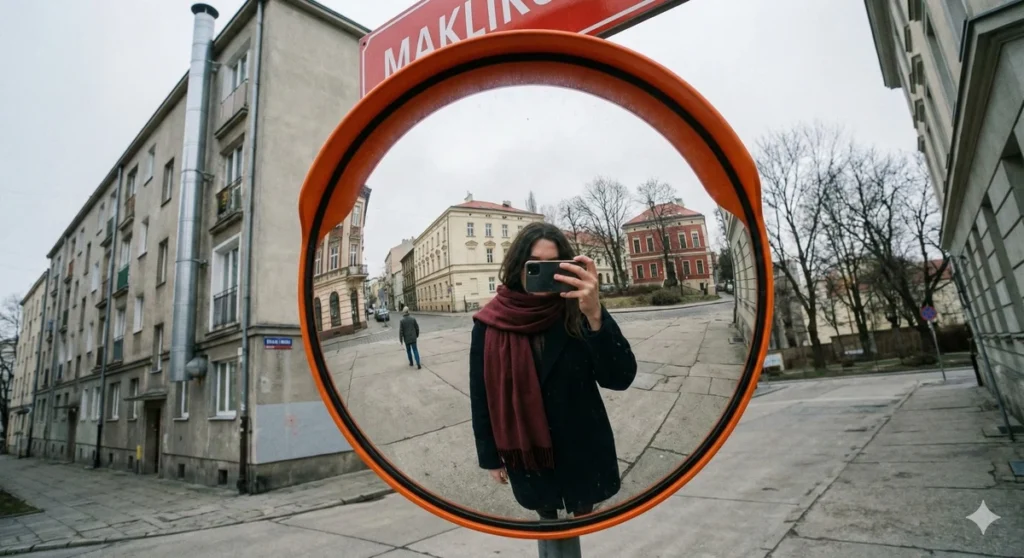Reflected Self-Portrait in an Urban Convex Traffic Mirror
