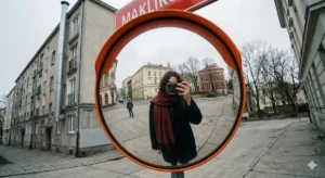 Reflected Self-Portrait in an Urban Convex Traffic Mirror
