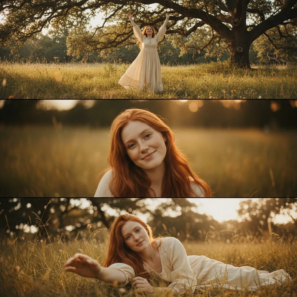 Cinematic Photography Triptych: Serene Meadow Portrait