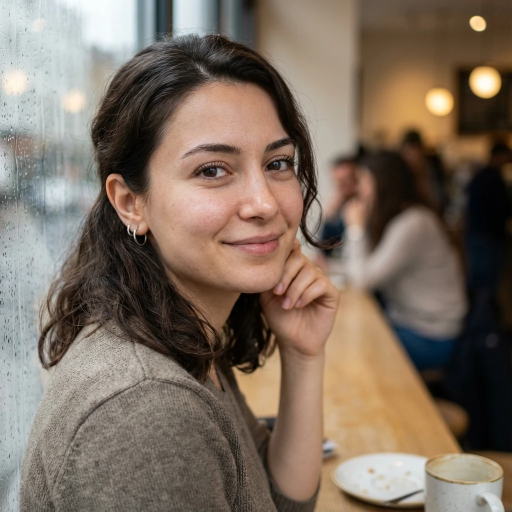 Cafe Window Seat (close-up, tactile realism)