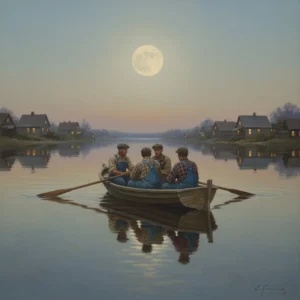 Serene Evening Rowboat Scene in Illustrative Realism