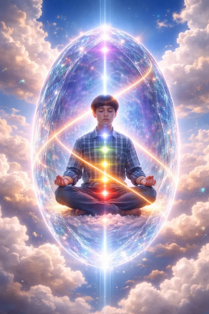 Subject meditating in a crystal sphere