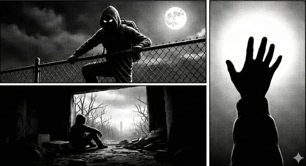 A three-panel monochromatic image