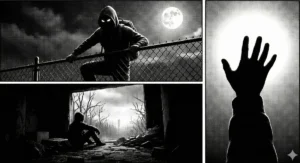 A three-panel monochromatic image