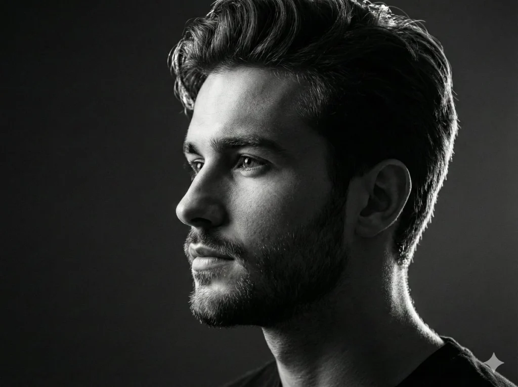 Black and white studio side-profile portrait prompt