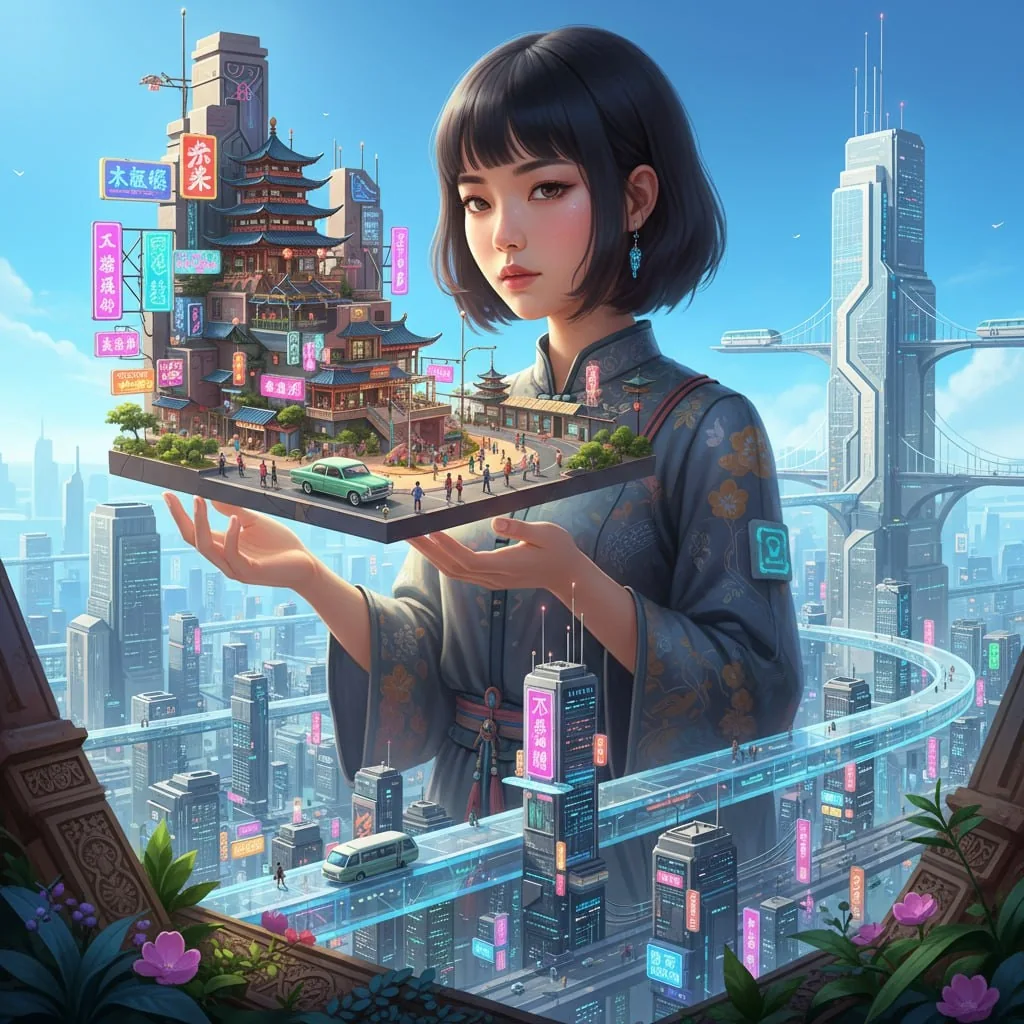 Surreal Miniature Cityscape with Giant Observer