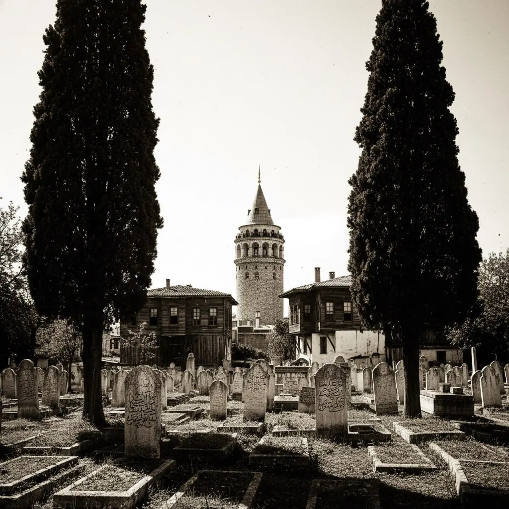 Vintage Black and White Photograph of Galata Tower